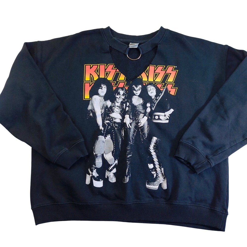 KISS Band Sweatshirt Distressed‎ Cutout Ring Neck Graphic Rock Pullover Black XL